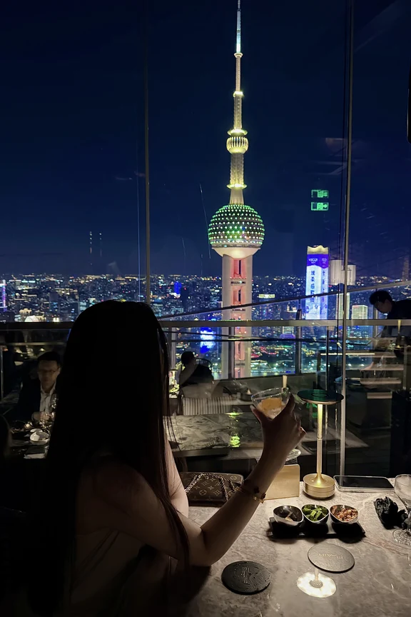 Oriental Pearl Tower seen from a table at Flair Rooftop Restaurant and Bar