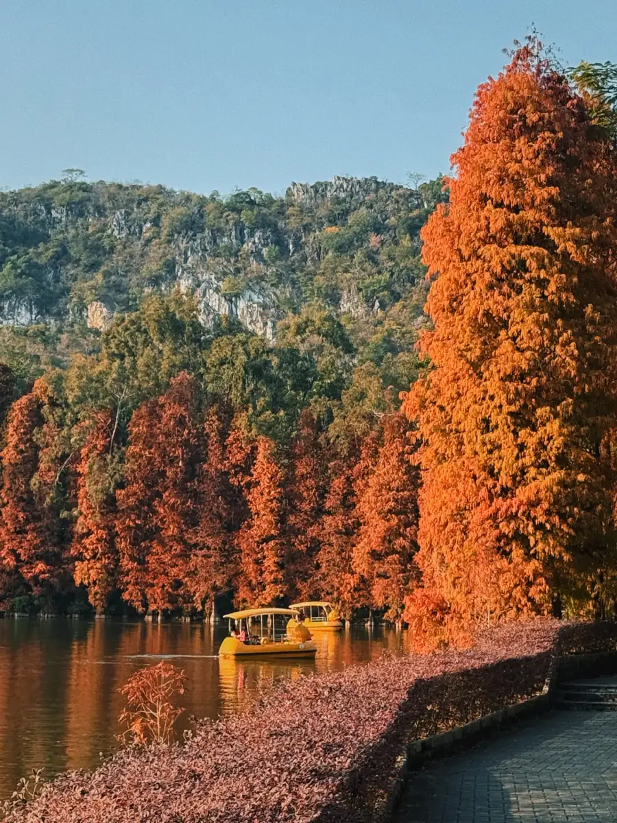 Lake, autumn trees, and limestone hills at Seven Star Crags in Zhaoqing