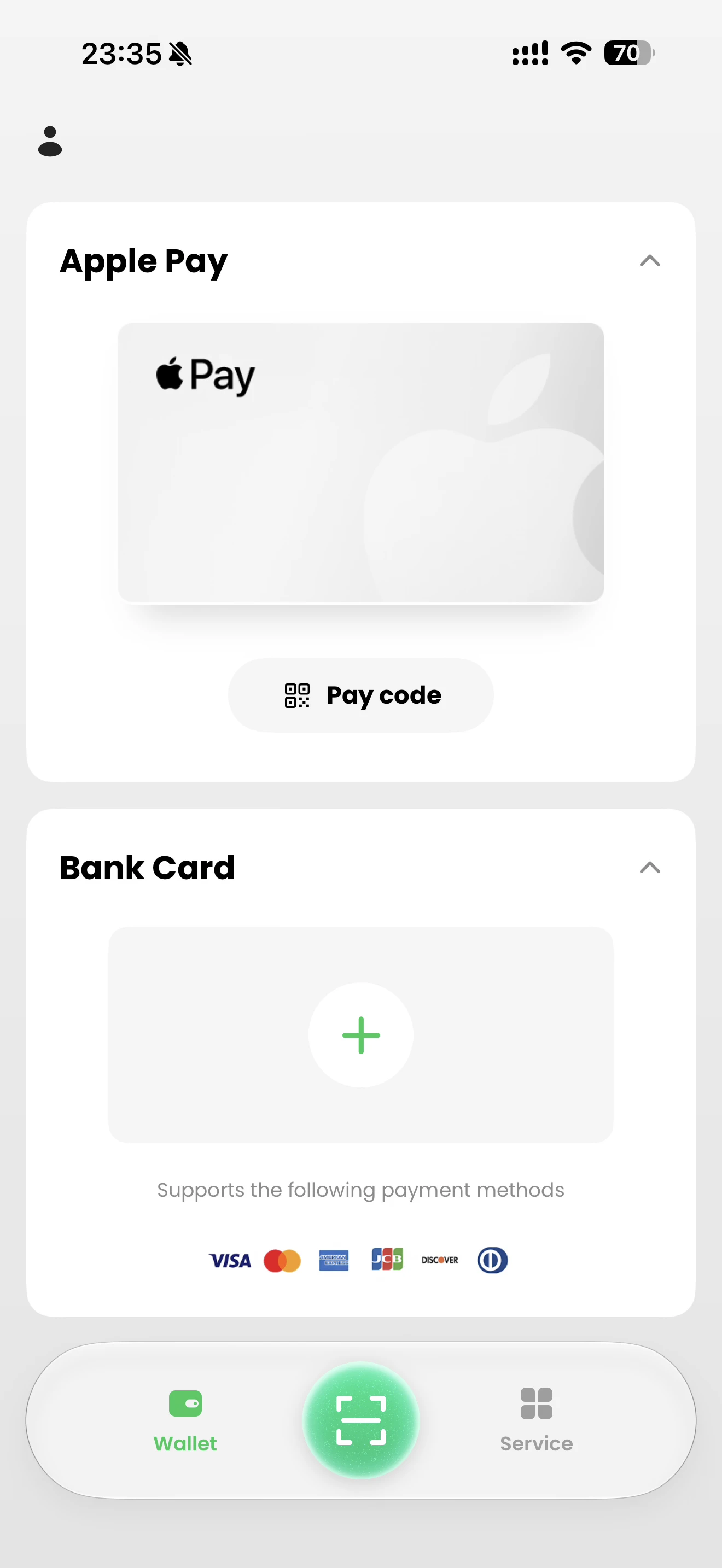 TenPayGo Wallet screen showing Apple Pay and Bank Card sections