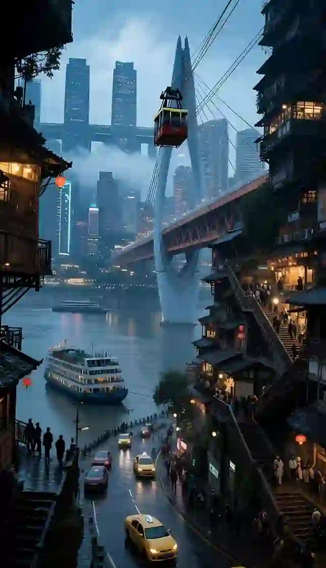 A Rednote travel image showing Chongqing's layered cityscape with river roads, cable car, towers, and old-style hillside buildings