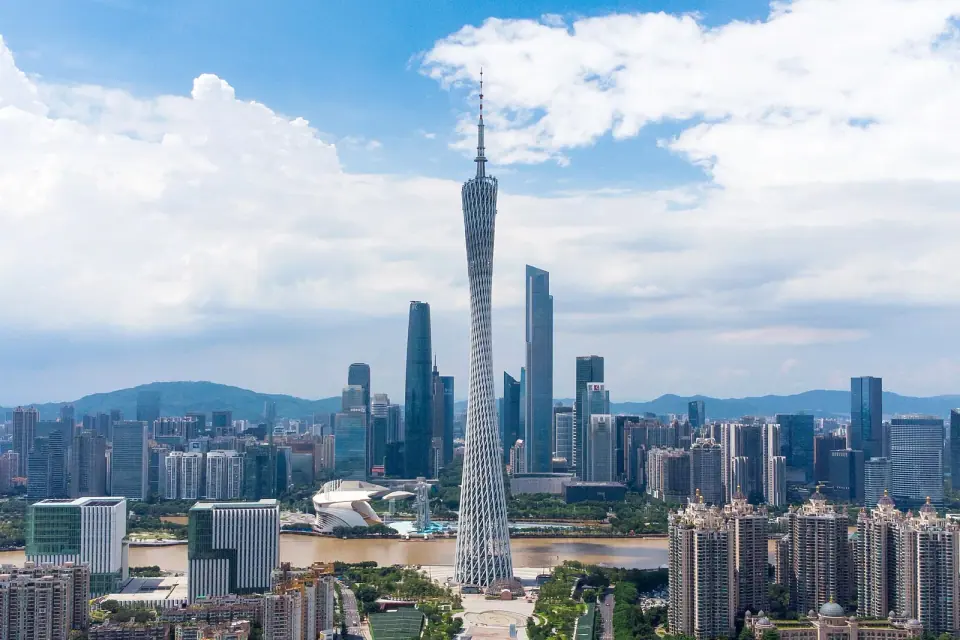 Canton Tower rising above the Pearl River and Guangzhou skyline