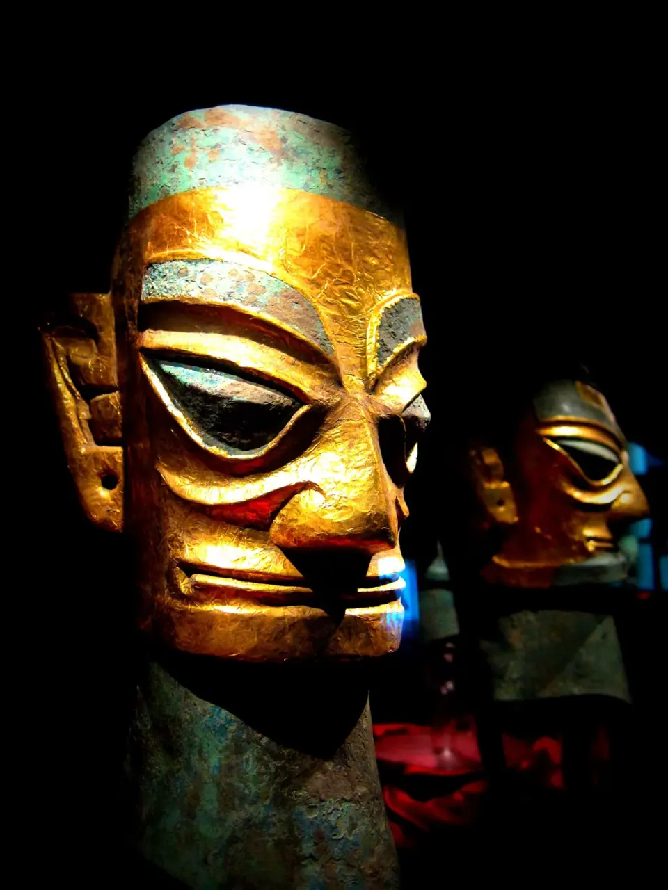 Gold-covered bronze mask on display at the Sanxingdui Museum
