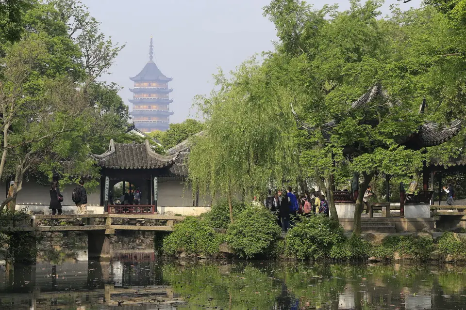 Pavilion, pond and distant pagoda in Suzhou’s Humble Administrator’s Garden